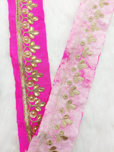 Fuchsia Pink Silk Fabric Lace Trim Floral Embroidery & Indian Stones Kundan Embellishment, Decorative Sari Trim, Floral Border Trim By Yard